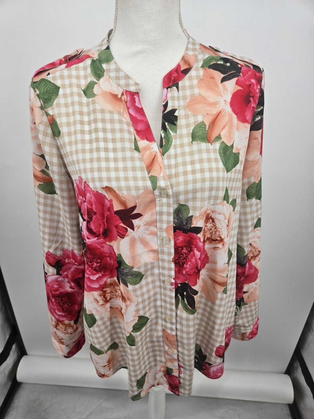 Calvin Klein Pink & Cream Floral Gingham Button-Front Blouse Medium (6651)